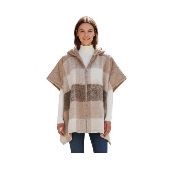 Time And Tru Stone Plaid Hooded Zipper Poncho Sweater - Picture 5 of 11